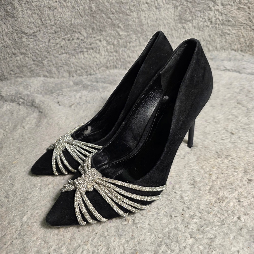 Vince Camuto Pumps Black Suede‎ Rhinestone Bow Pointed Toe Womens 9M